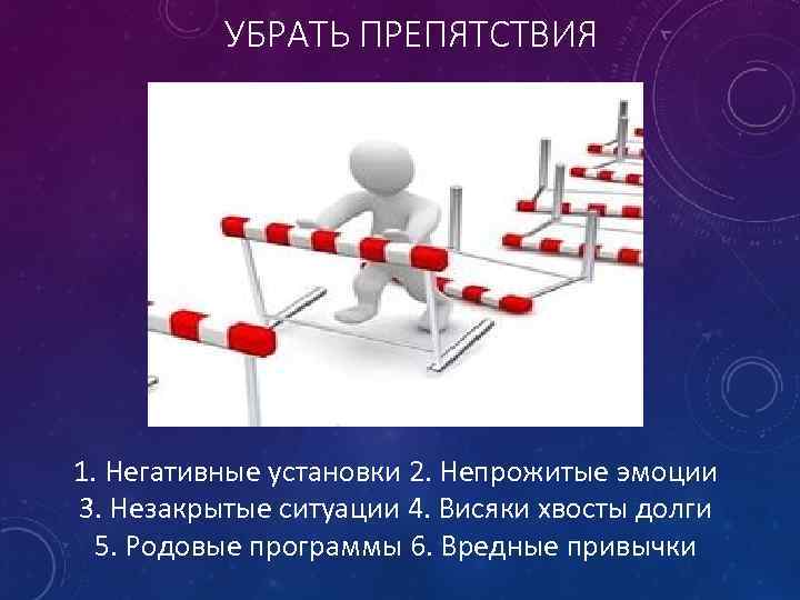 УБРАТЬ ПРЕПЯТСТВИЯ 1. Негативные установки 2. Непрожитые эмоции 3. Незакрытые ситуации 4. Висяки хвосты