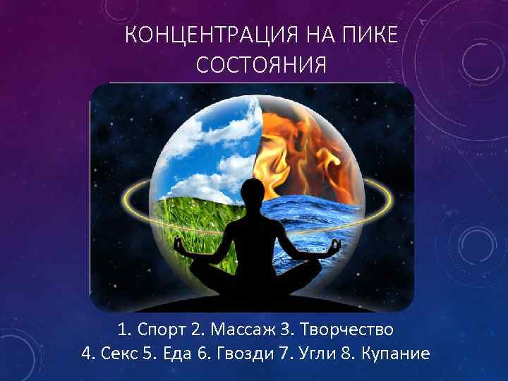 КОНЦЕНТРАЦИЯ НА ПИКЕ СОСТОЯНИЯ 1. Спорт 2. Массаж 3. Творчество 4. Секс 5. Еда