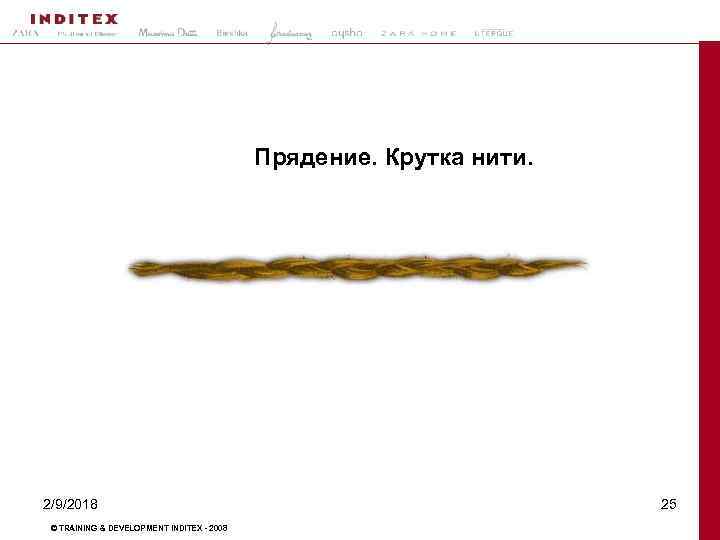 Прядение. Крутка нити. 2/9/2018 © TRAINING & DEVELOPMENT INDITEX - 2008 25 