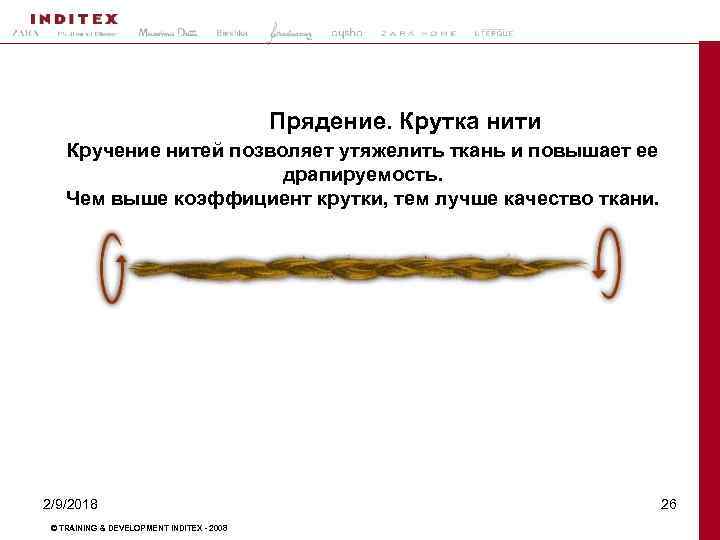 Прядение. Крутка нити Кручение нитей позволяет утяжелить ткань и повышает ее драпируемость. Чем выше