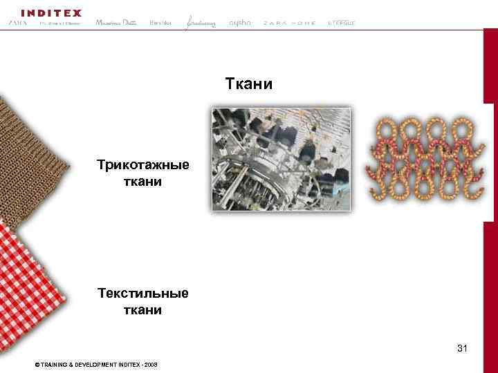 Ткани Трикотажные ткани Текстильные ткани 2/9/2018 © TRAINING & DEVELOPMENT INDITEX - 2008 31