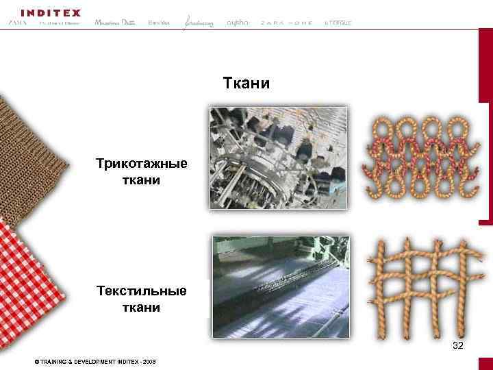 Ткани Трикотажные ткани Текстильные ткани 2/9/2018 © TRAINING & DEVELOPMENT INDITEX - 2008 32