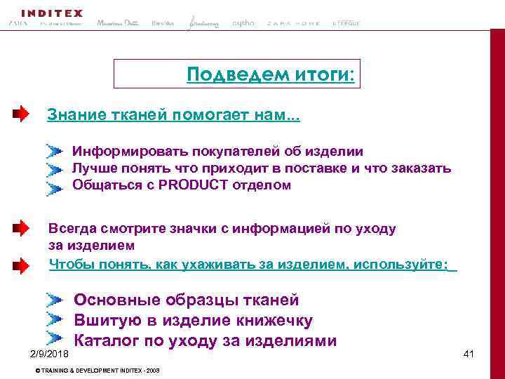 Подведем итоги: Знание тканей помогает нам. . . Информировать покупателей об изделии Лучше понять