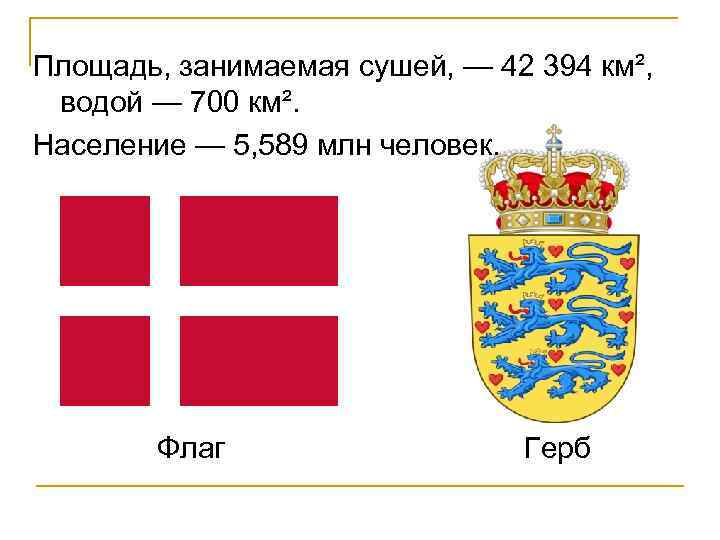 Площадь, занимаемая сушей, — 42 394 км², водой — 700 км². Население — 5,