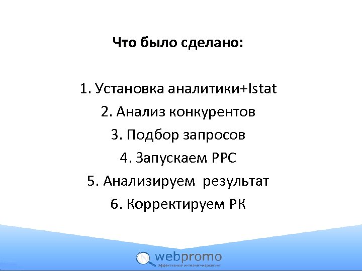 Что было сделано: 1. Установка аналитики+Istat 2. Анализ конкурентов 3. Подбор запросов 4. Запускаем