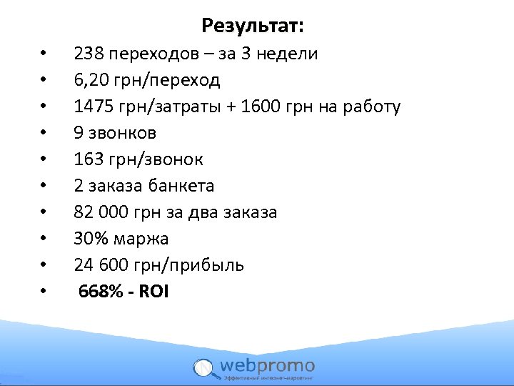 Результат: • • • 238 переходов – за 3 недели 6, 20 грн/переход 1475