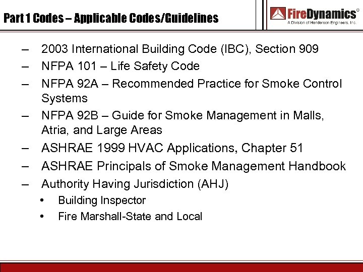 Part 1 Codes – Applicable Codes/Guidelines – – – – 2003 International Building Code