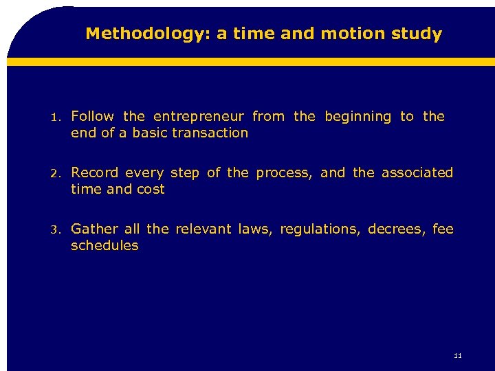 Methodology: a time and motion study 1. Follow the entrepreneur from the beginning to