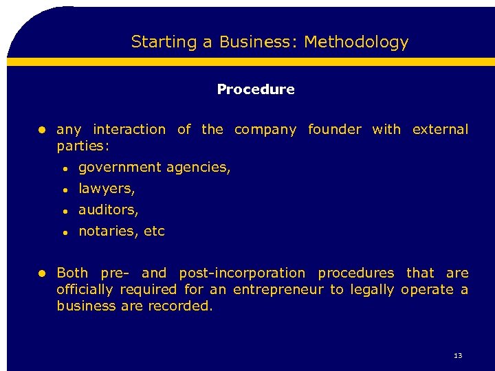 Starting a Business: Methodology Procedure l any interaction of the company founder with external