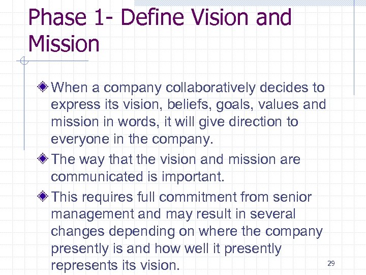 Phase 1 - Define Vision and Mission When a company collaboratively decides to express