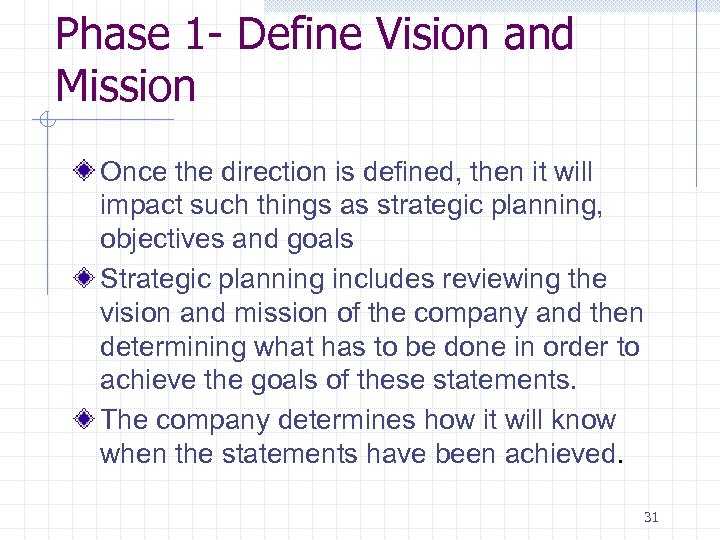 Phase 1 - Define Vision and Mission Once the direction is defined, then it