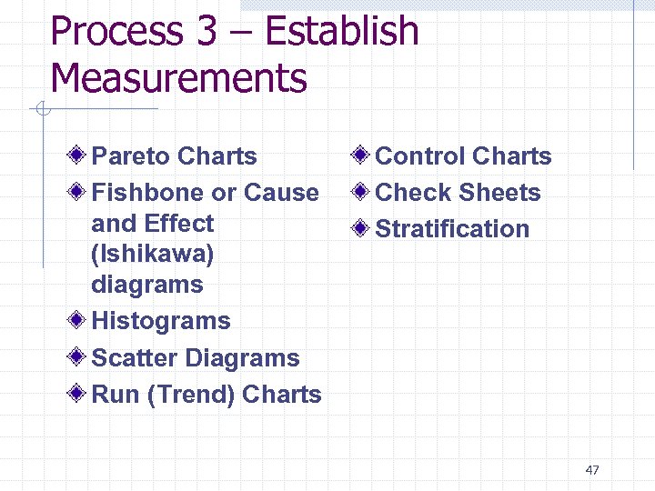 Process 3 – Establish Measurements Pareto Charts Fishbone or Cause and Effect (Ishikawa) diagrams