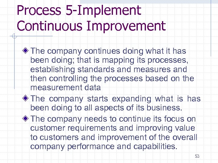 Process 5 -Implement Continuous Improvement The company continues doing what it has been doing;