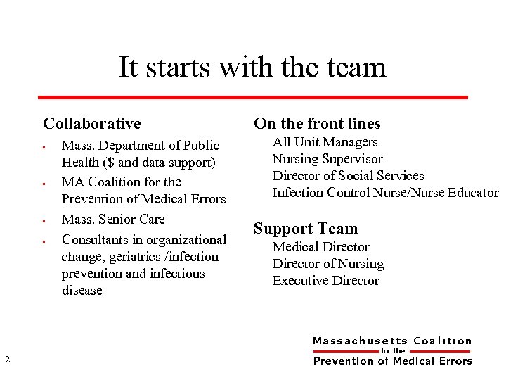 It starts with the team Collaborative • • 2 Mass. Department of Public Health