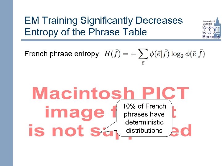 EM Training Significantly Decreases Entropy of the Phrase Table French phrase entropy: 10% of