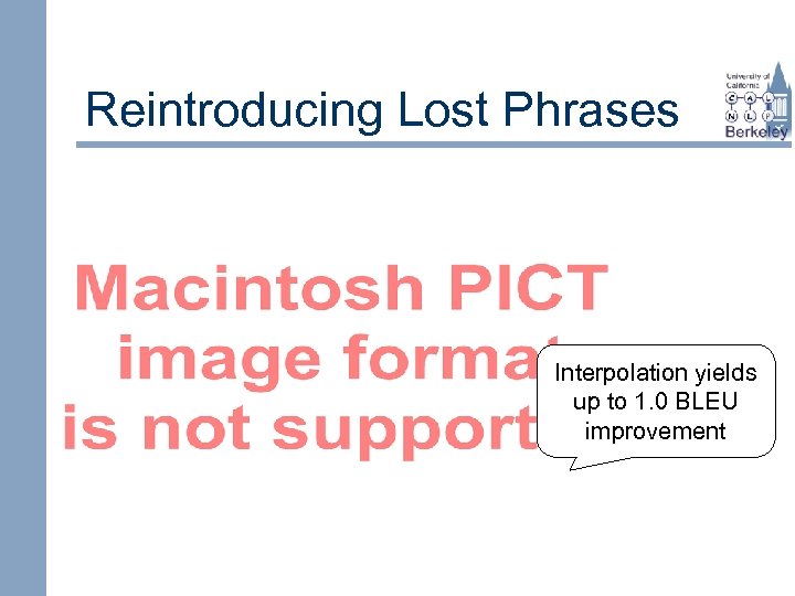 Reintroducing Lost Phrases Interpolation yields up to 1. 0 BLEU improvement 