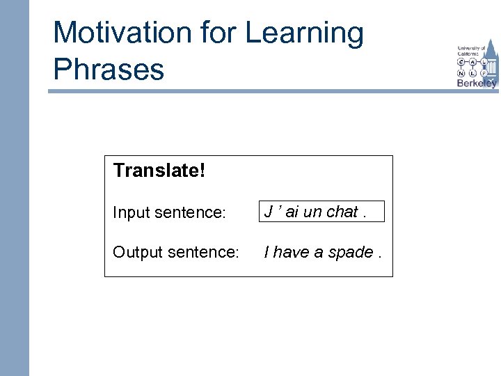 Motivation for Learning Phrases Translate! Input sentence: J ’ ai un chat. Output sentence: