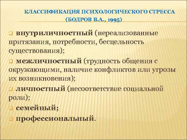 КЛАССИФИКАЦИЯ ПСИХОЛОГИЧЕСКОГО СТРЕССА (БОДРОВ В. А. , 1995) внутриличностный (нереализованные притязания, потребности, бесцельность существования);