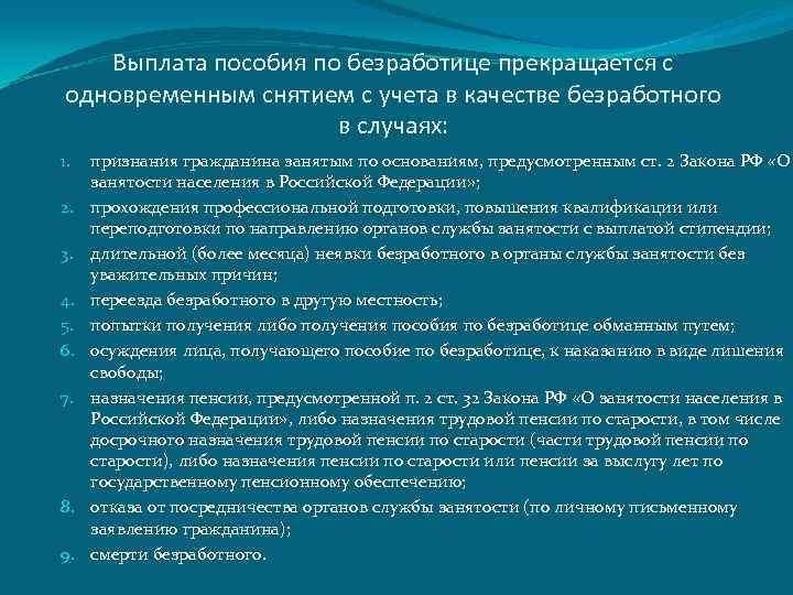 Выплата пособия по безработице прекращается с одновременным снятием с учета в качестве безработного в