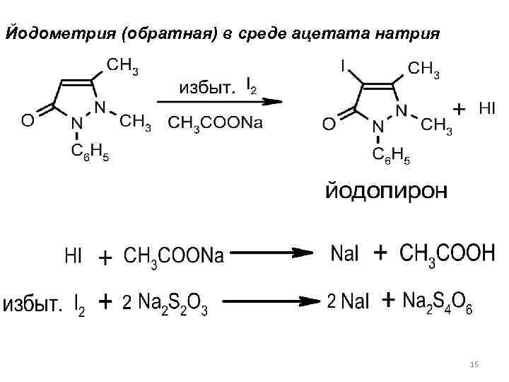 Уравнение реакции ацетата. Формула обратного титрования йодометрия. Антипирин йодометрия. Метод йодометрии обратное титрование. Косвенная йодометрия формула.