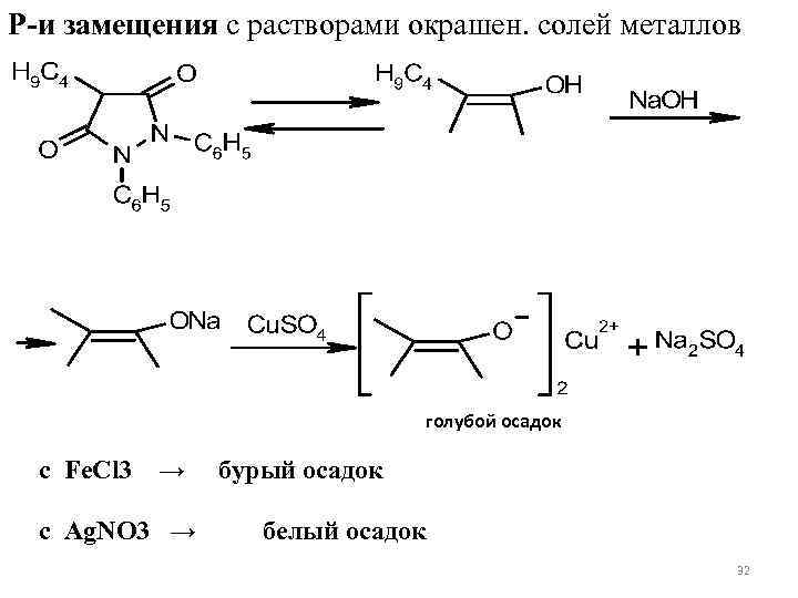 Р-и замещения с растворами окрашен. солей металлов голубой осадок с Fe. Cl 3 →