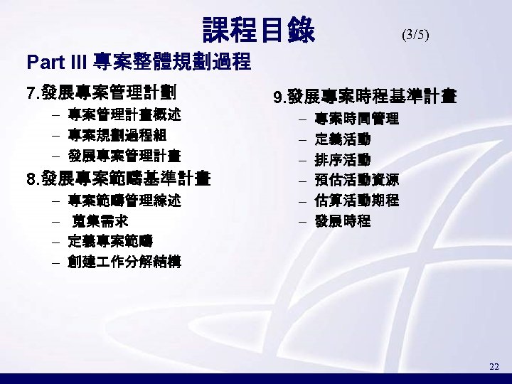 課程目錄 (3/5) Part III 專案整體規劃過程 7. 發展專案管理計劃 – 專案管理計畫概述 – 專案規劃過程組 – 發展專案管理計畫 8.