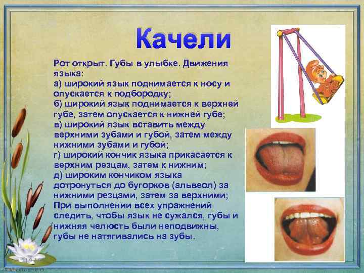 Качели Рот открыт. Губы в улыбке. Движения языка: а) широкий язык поднимается к носу