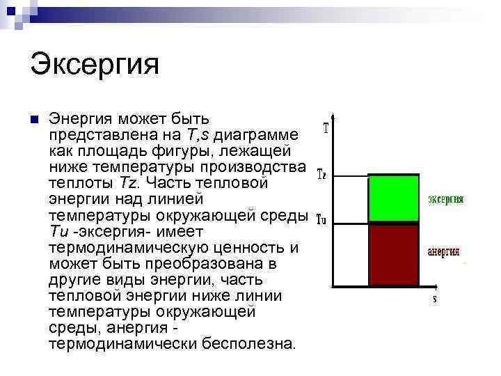 Эксергия n Энергия может быть представлена на T, s диаграмме как площадь фигуры, лежащей