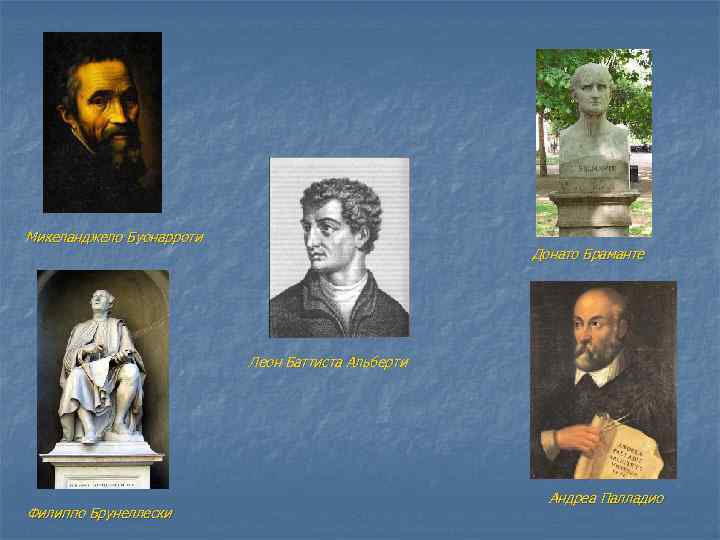 Микеланджело Буонарроти Донато Браманте Леон Баттиста Альберти Филиппо Брунеллески Андреа Палладио 