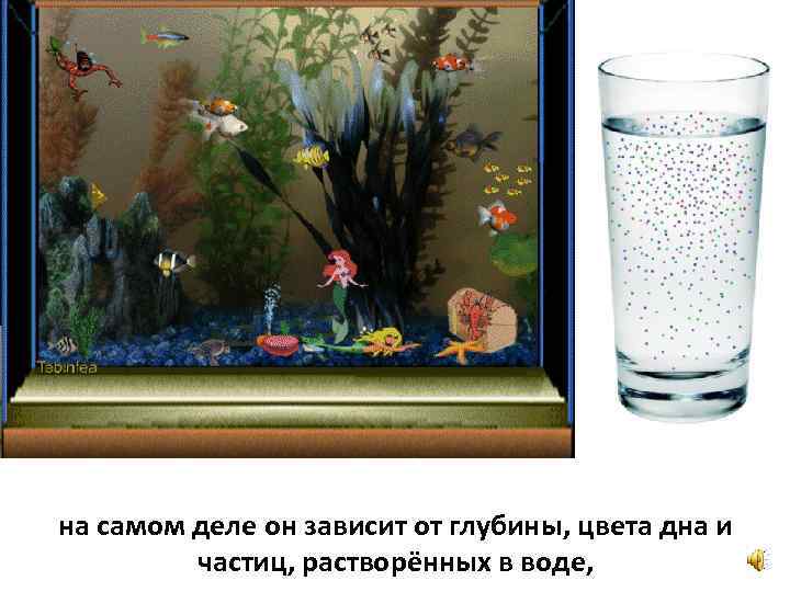 на самом деле он зависит от глубины, цвета дна и частиц, растворённых в воде,