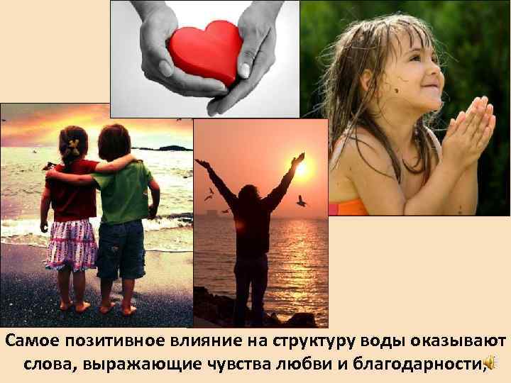 Самое позитивное влияние на структуру воды оказывают слова, выражающие чувства любви и благодарности, 