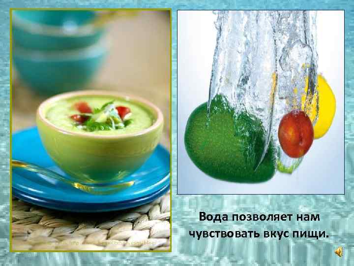 Вода позволяет нам чувствовать вкус пищи. 