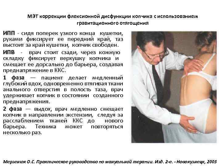 МЭТ коррекции флексионной дисфункции копчика с использованием гравитационного отягощения ИПП - сидя поперек узкого