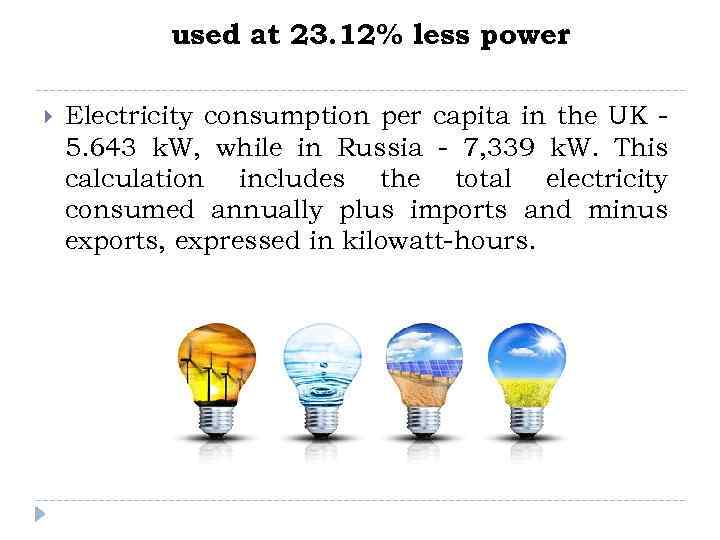 used at 23. 12% less power Electricity consumption per capita in the UK 5.