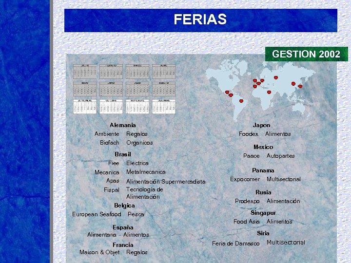 FERIAS GESTION 2002 Alemania Ambiente Regalos Biofach Organicos Brasil Fiee Mecanica Apas Electrica Metalmecanica