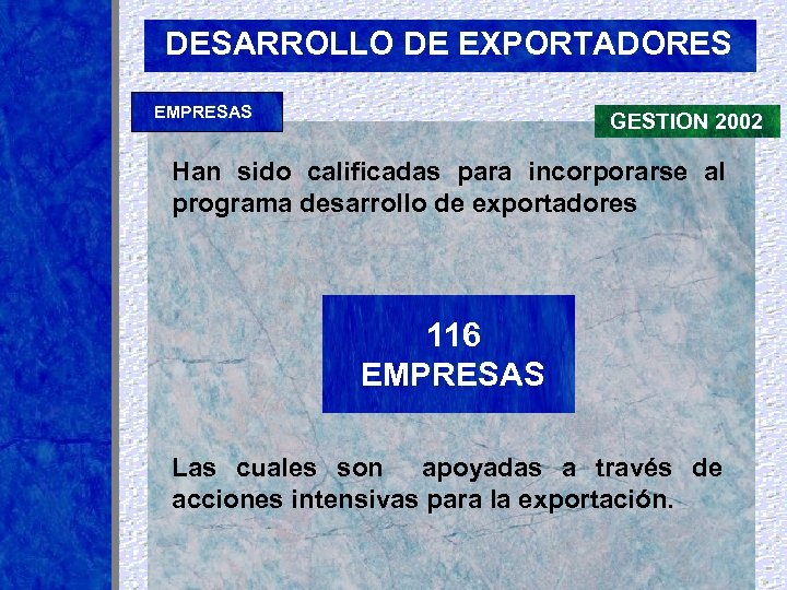 DESARROLLO DE EXPORTADORES EMPRESAS GESTION 2002 Han sido calificadas para incorporarse al programa desarrollo