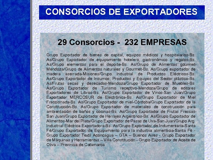 CONSORCIOS DE EXPORTADORES 29 Consorcios - 232 EMPRESAS Grupo Exportador de bienes de capital,