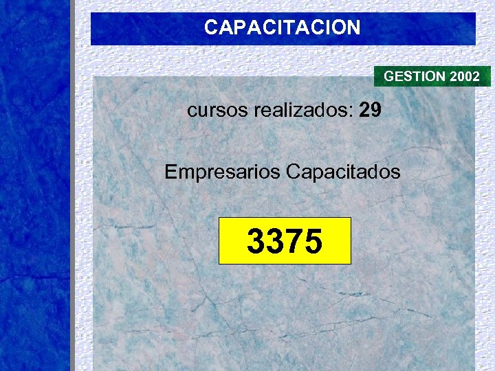 CAPACITACION GESTION 2002 cursos realizados: 29 Empresarios Capacitados 3375 