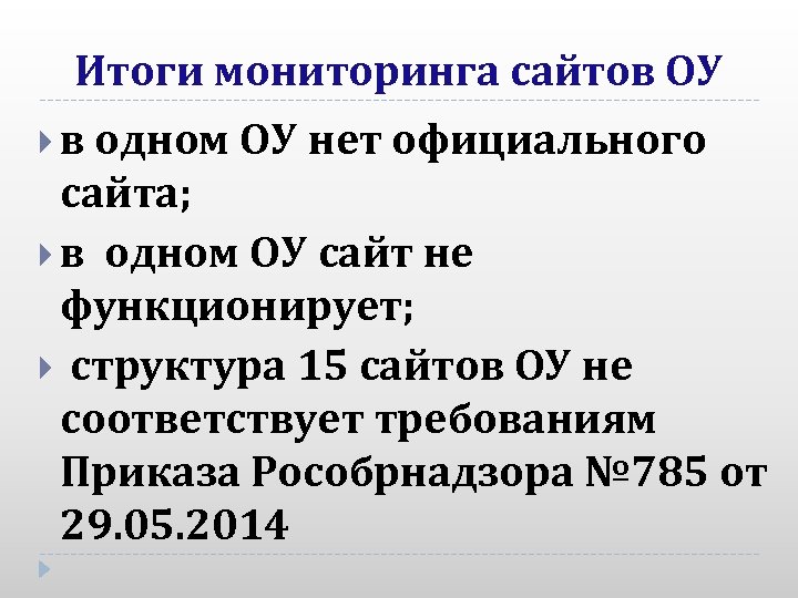 Итоги мониторинга сайтов ОУ в одном ОУ нет официального сайта; в одном ОУ сайт