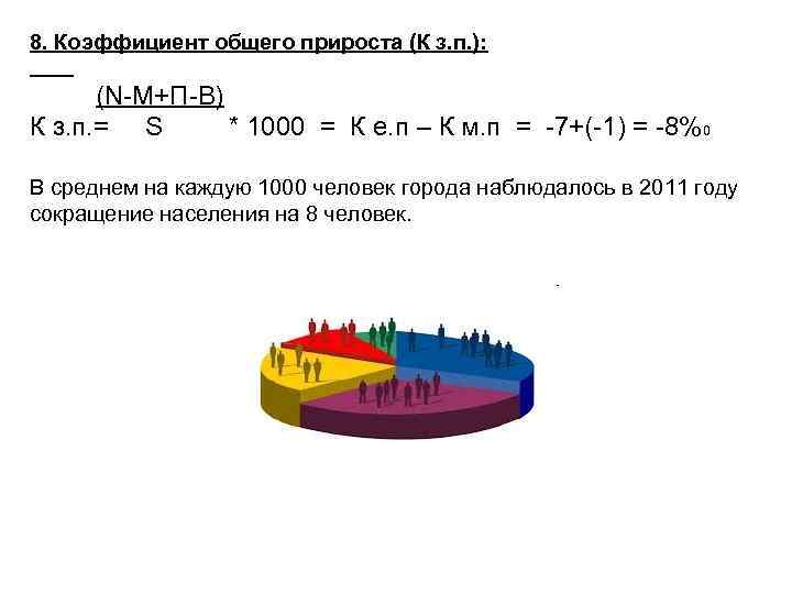 8. Коэффициент общего прироста (К з. п. ): (N-M+П-В) К з. п. = S