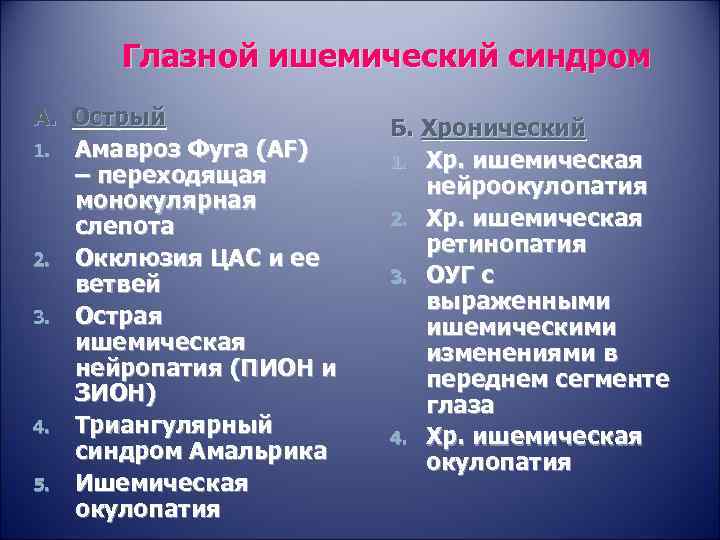 Глазной ишемический синдром А. Острый 1. Амавроз Фуга (AF) – переходящая монокулярная слепота 2.