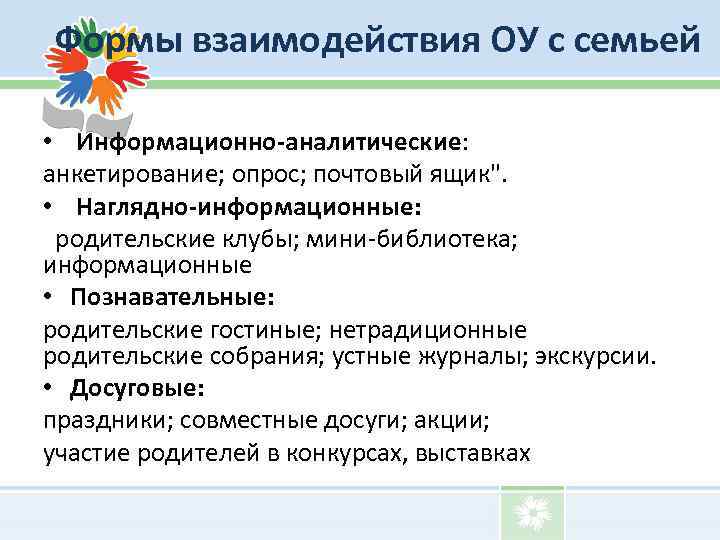 Формы взаимодействия ОУ с семьей • Информационно-аналитические: анкетирование; опрос; почтовый ящик". • Наглядно-информационные: родительские