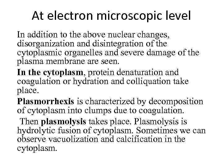 At electron microscopic level In addition to the above nuclear changes, disorganization and disintegration