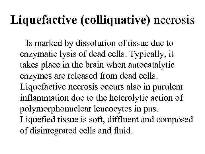 Liquefactive (colliquative) necrosis Is marked by dissolution of tissue due to enzymatic lysis of