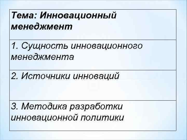 Тема: Инновационный менеджмент 1. Сущность инновационного менеджмента 2. Источники инноваций 3. Методика разработки инновационной