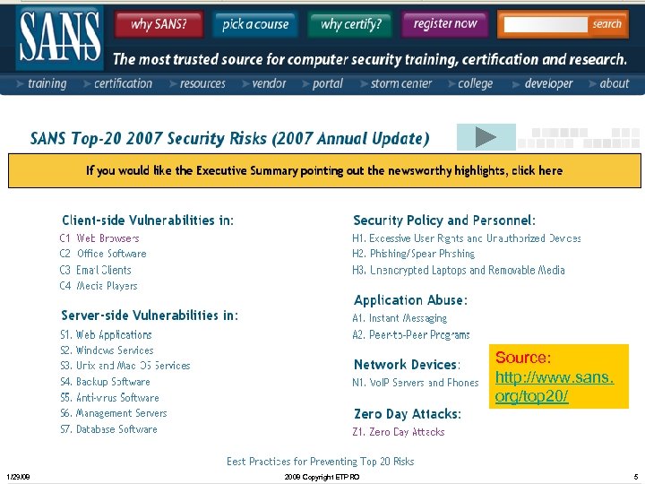 Source: http: //www. sans. org/top 20/ 1/29/08 2008 Copyright ETPRO 5 
