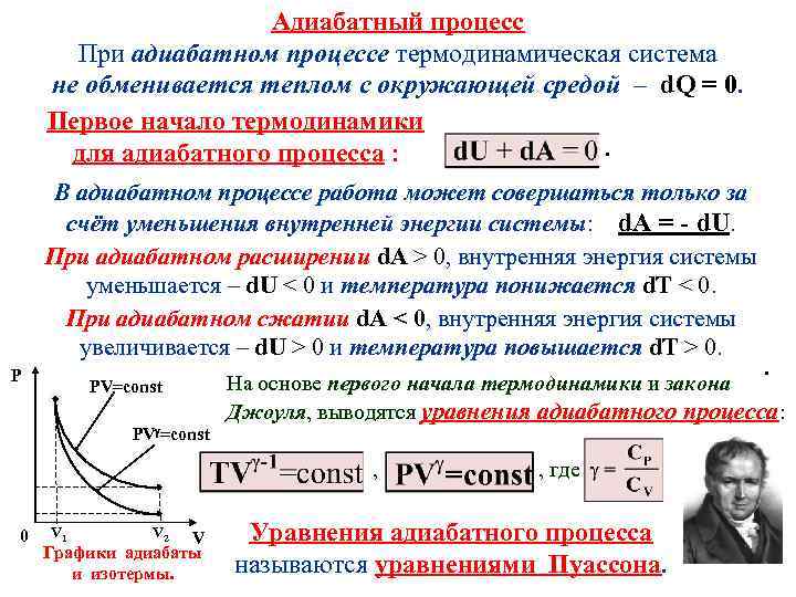 Адиабатный процесс При адиабатном процессе термодинамическая система не обменивается теплом с окружающей средой –