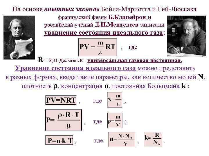 На основе опытных законов Бойля-Мариотта и Гей-Люссака французский физик Б. Клапейрон и российский учёный