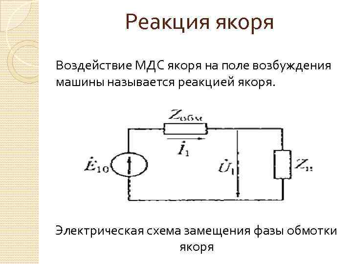 Реакция якоря Воздействие МДС якоря на поле возбуждения машины называется реакцией якоря. Электрическая схема