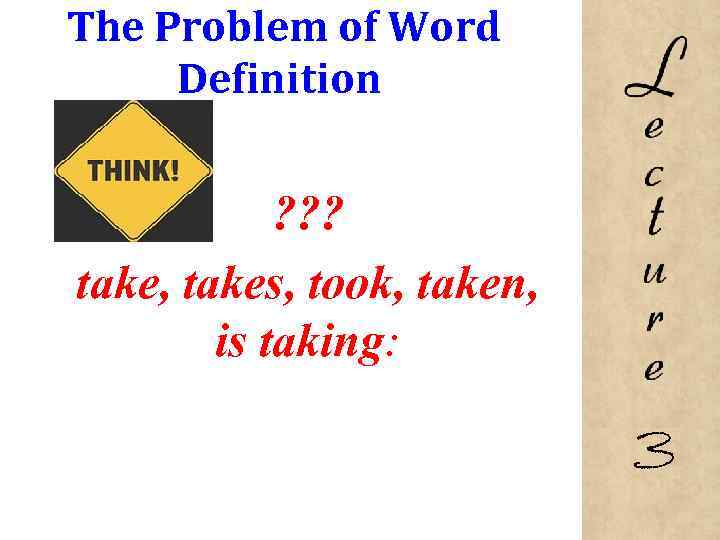 The Problem of Word Definition ? ? ? take, takes, took, taken, is taking: